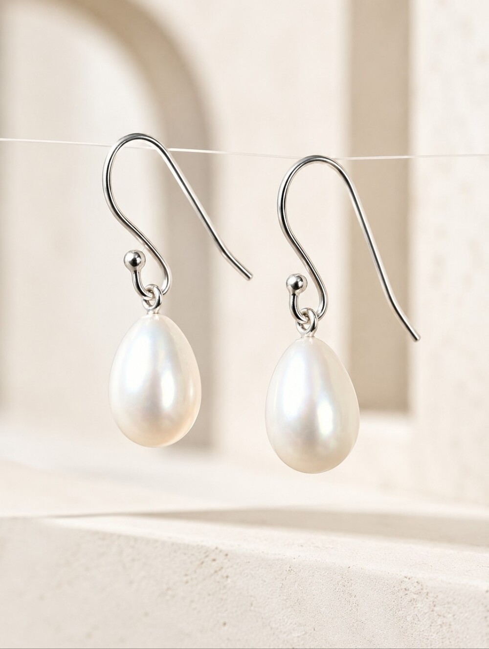 925 Sterling Silver White Pearl Teardrop Earrings French Wire 9mm